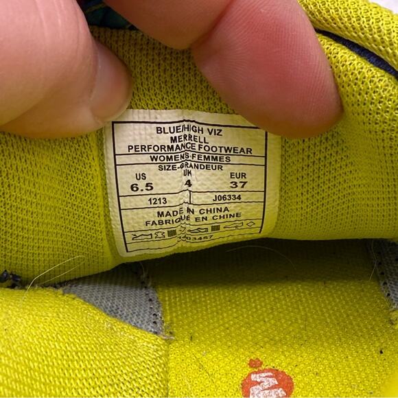 Merrell Blue and Yellow Athletic Trail Shoes High Viz. Size 6.5. Excellent cond! - Picture 7 of 9